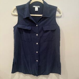 Classic 100% Silk Navy Sleeveless Button Down Timeless Preppy Capsule Sz M
